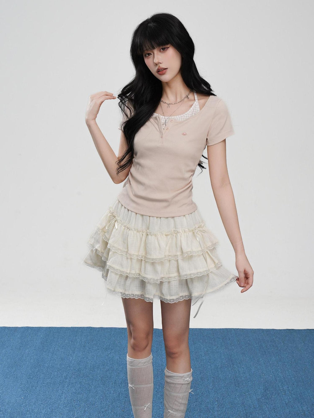 VEEMIX Off White Halter Ruching Fake Layered Women's Cotton Blend Short Sleeve T-shirts