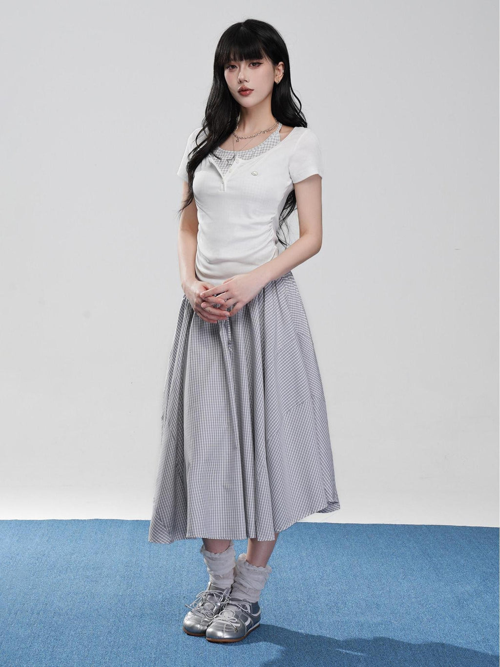 VEEMIX Off White Halter Ruching Fake Layered Women's Cotton Blend Short Sleeve T-shirts