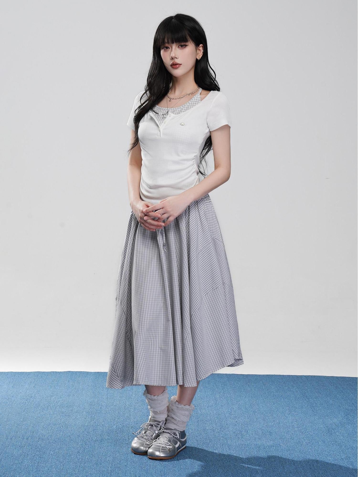 VEEMIX Off White Halter Ruching Fake Layered Women's Cotton Blend Short Sleeve T-shirts