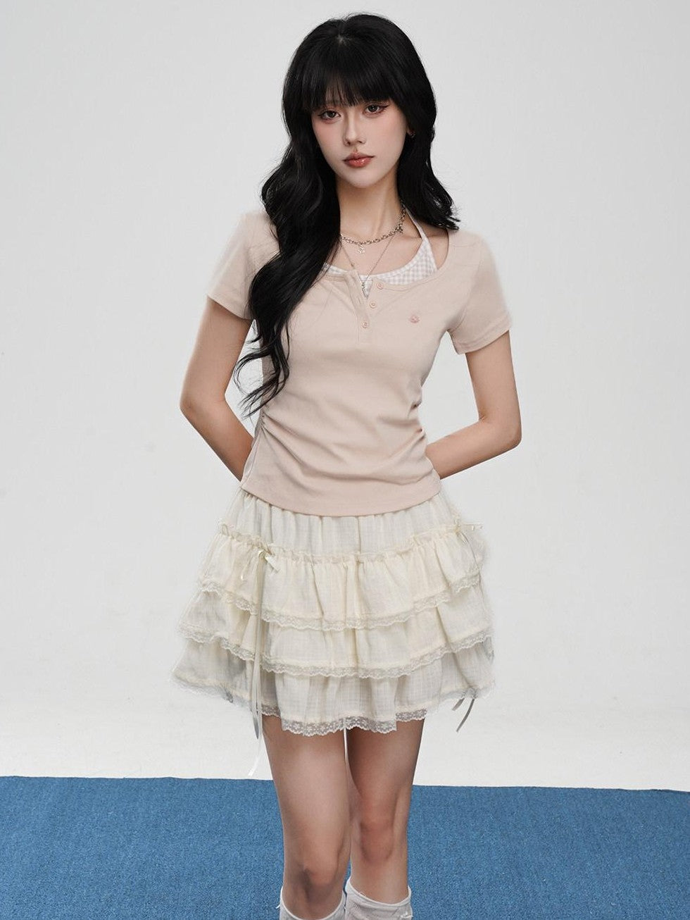 VEEMIX Off White Halter Ruching Fake Layered Women's Cotton Blend Short Sleeve T-shirts