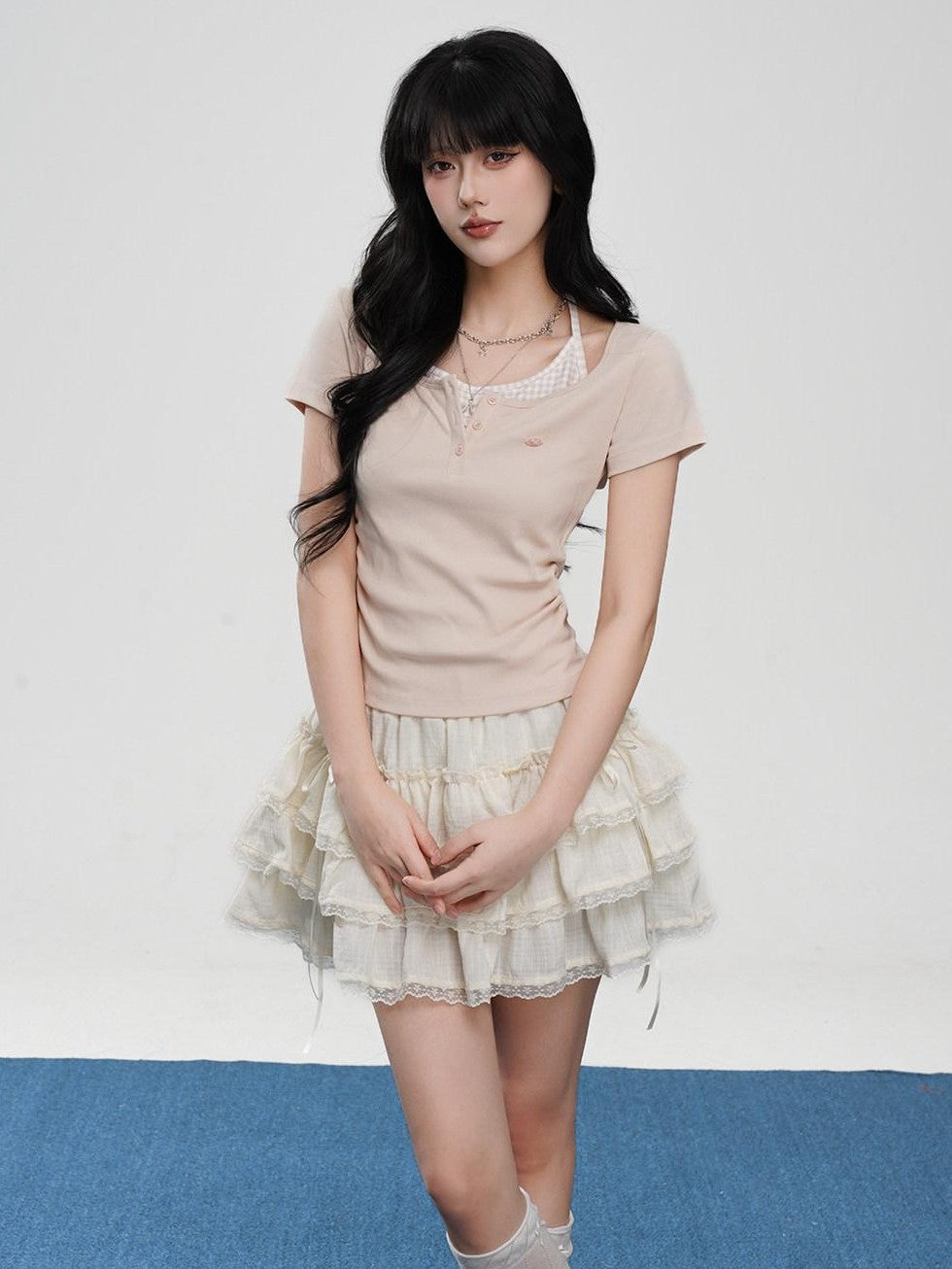 VEEMIX Off White Halter Ruching Fake Layered Women's Cotton Blend Short Sleeve T-shirts