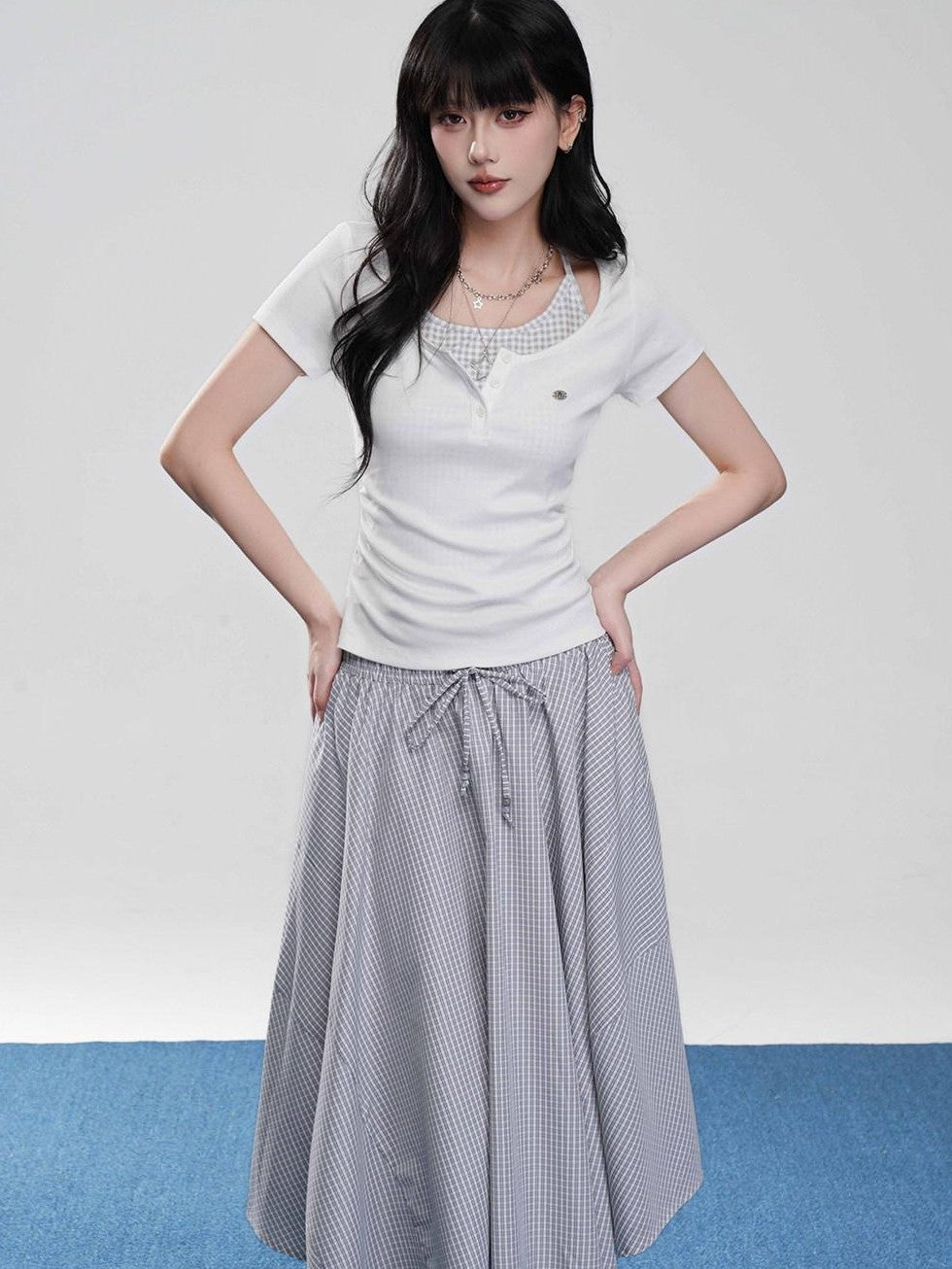 VEEMIX Off White Halter Ruching Fake Layered Women's Cotton Blend Short Sleeve T-shirts