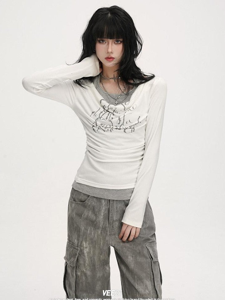 VEEMIX One Shoulder Halter Shirred Fake Two Piece Women's Other Long Sleeve T-shirts