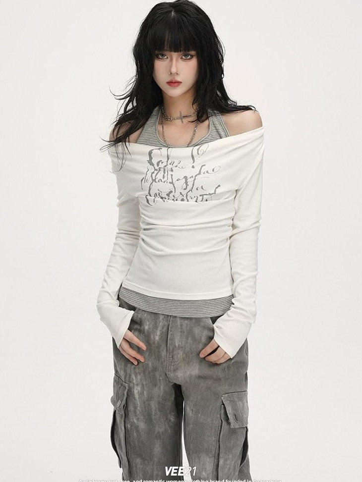 VEEMIX One Shoulder Halter Shirred Fake Two Piece Women's Other Long Sleeve T-shirts