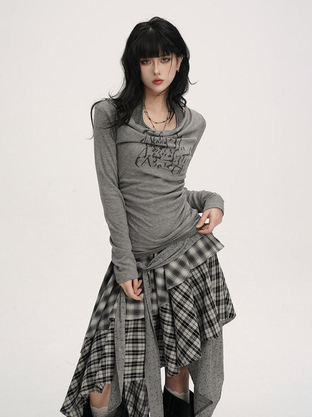 VEEMIX One Shoulder Halter Shirred Fake Two Piece Women's Other Long Sleeve T-shirts