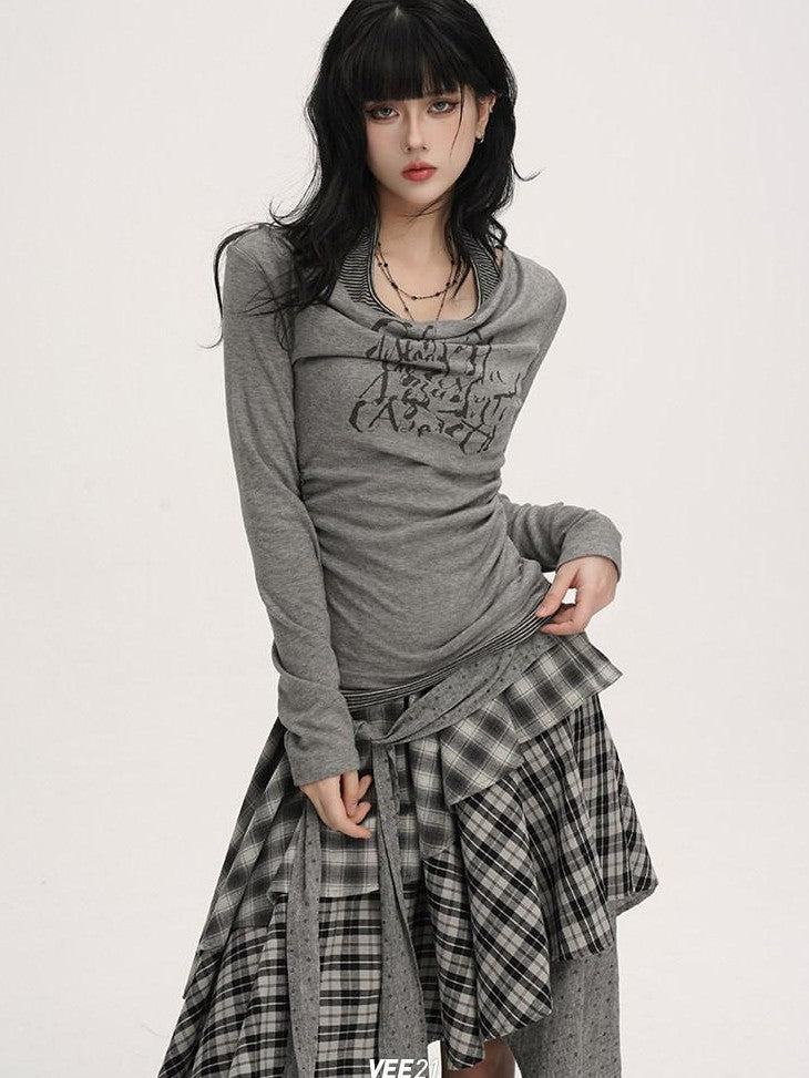 VEEMIX One Shoulder Halter Shirred Fake Two Piece Women's Other Long Sleeve T-shirts