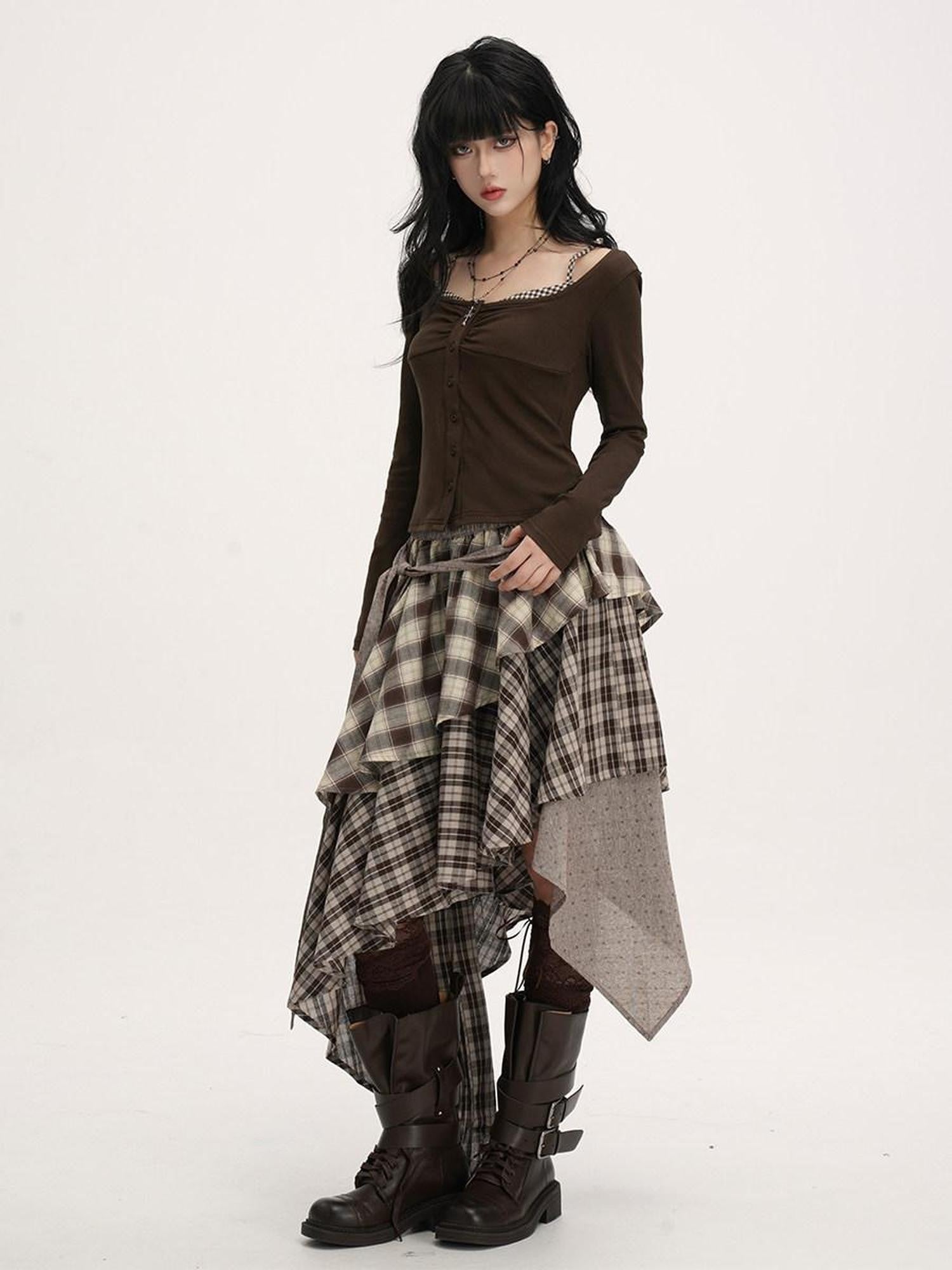 VEEMIX Plaid Asymmetrical Hem High Waist Tie Patchwork Women's Maxi Skirts