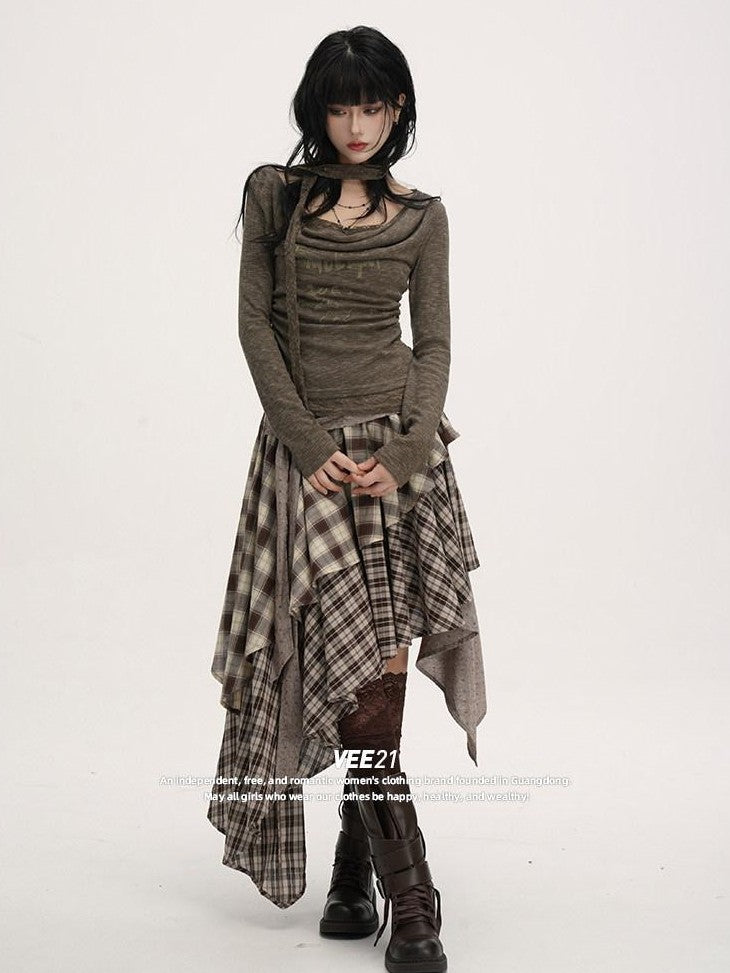 VEEMIX Plaid Asymmetrical Hem High Waist Tie Patchwork Women's Maxi Skirts