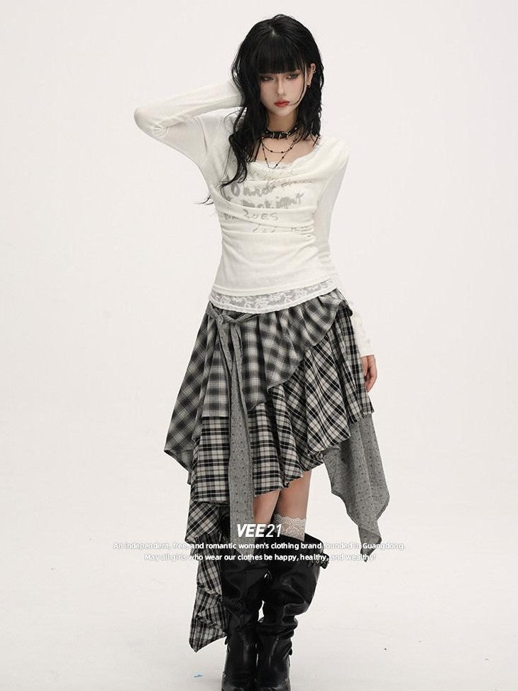 VEEMIX Plaid Asymmetrical Hem High Waist Tie Patchwork Women's Maxi Skirts