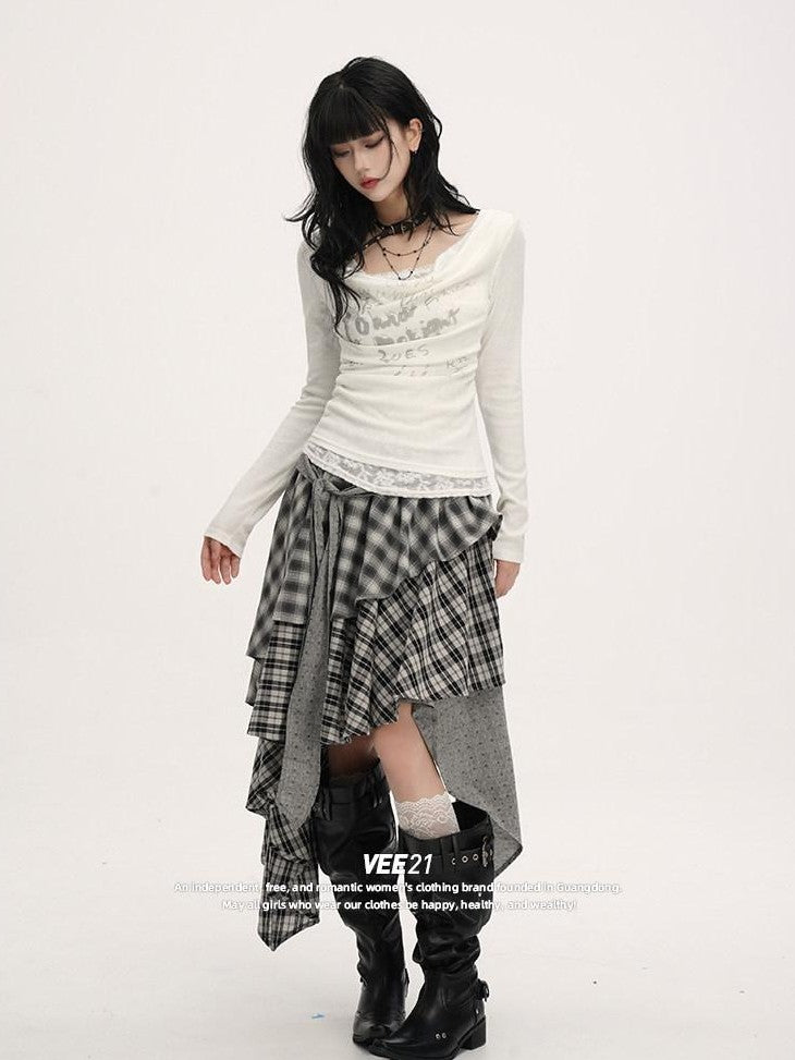 VEEMIX Plaid Asymmetrical Hem High Waist Tie Patchwork Women's Maxi Skirts