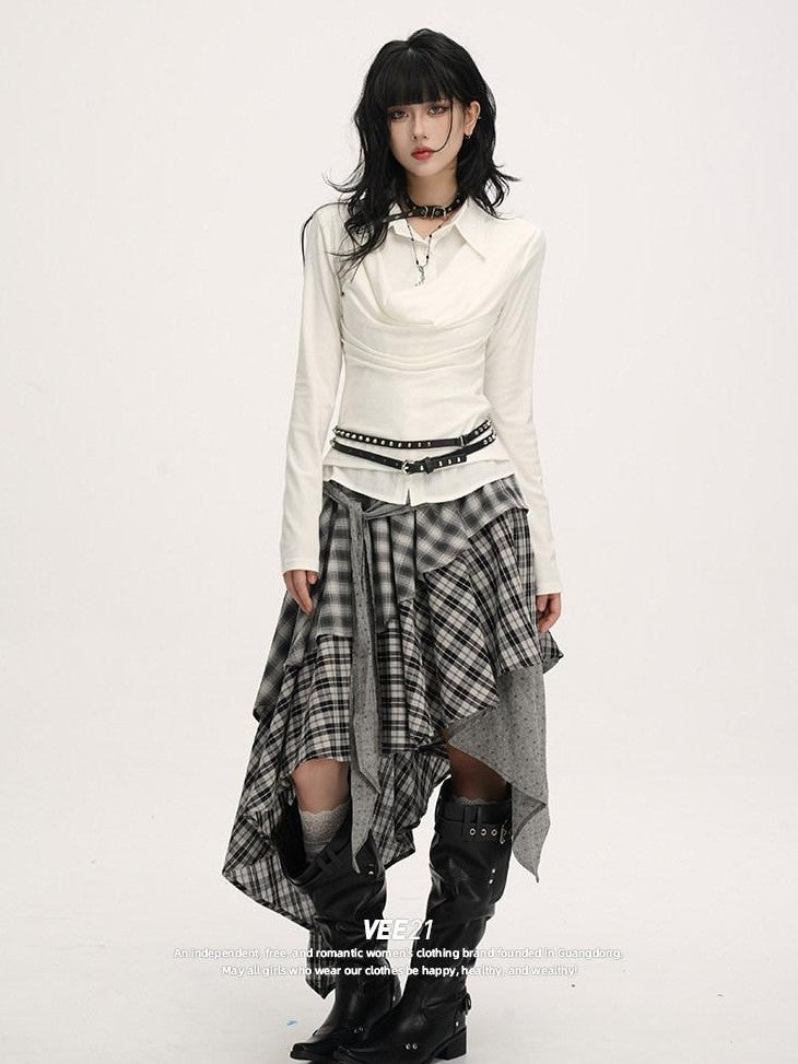VEEMIX Plaid Asymmetrical Hem High Waist Tie Patchwork Women's Maxi Skirts