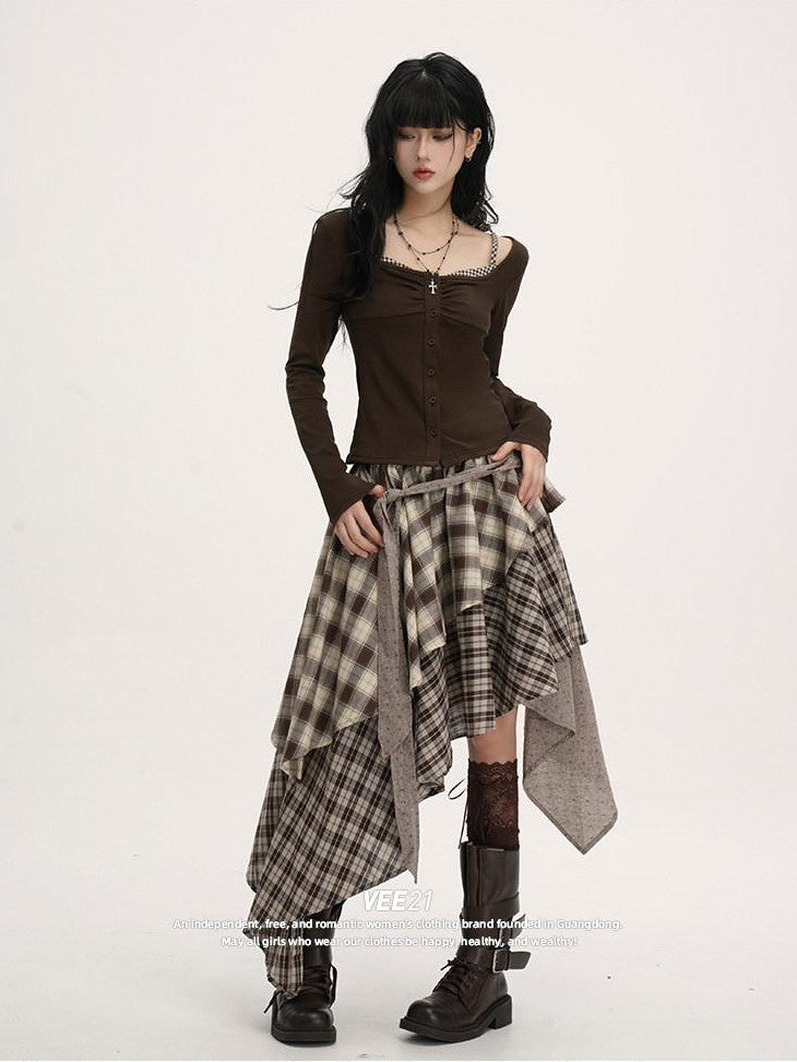 VEEMIX Plaid Asymmetrical Hem High Waist Tie Patchwork Women's Maxi Skirts