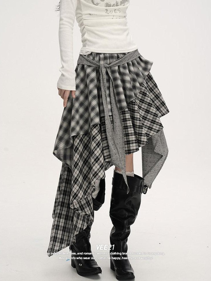 VEEMIX Plaid Asymmetrical Hem High Waist Tie Patchwork Women's Maxi Skirts