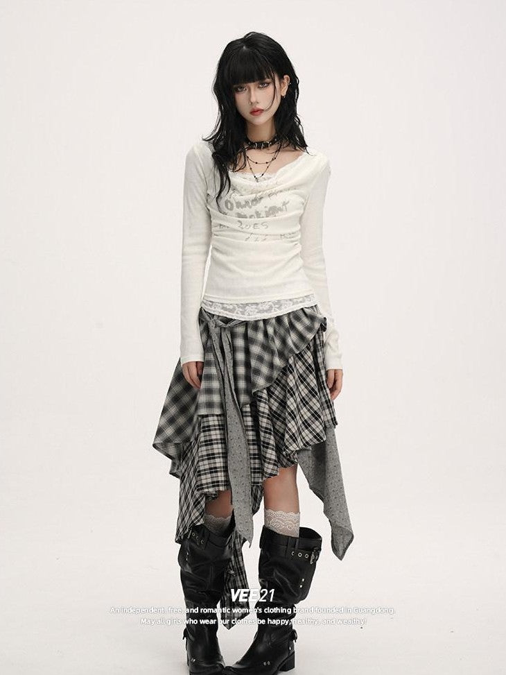 VEEMIX Plaid Asymmetrical Hem High Waist Tie Patchwork Women's Maxi Skirts
