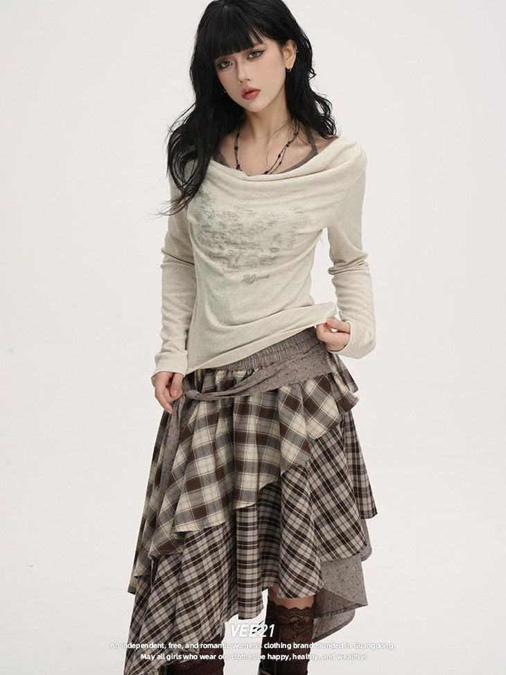 VEEMIX Plaid Asymmetrical Hem High Waist Tie Patchwork Women's Maxi Skirts