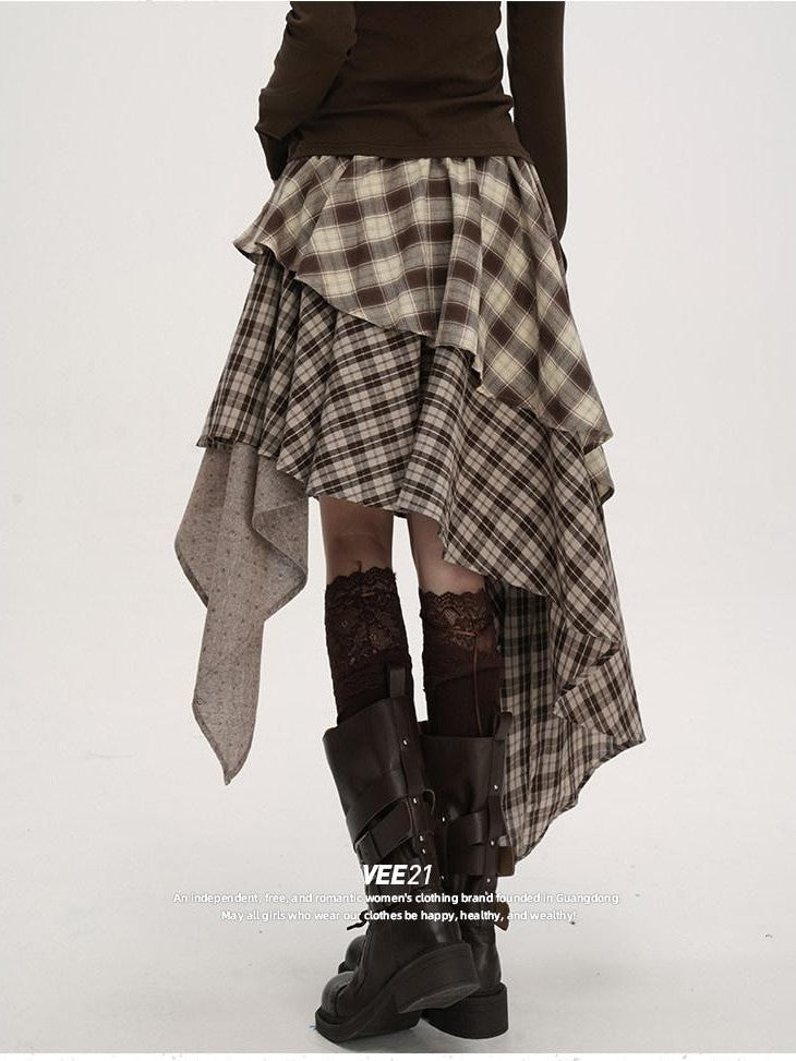 VEEMIX Plaid Asymmetrical Hem High Waist Tie Patchwork Women's Maxi Skirts