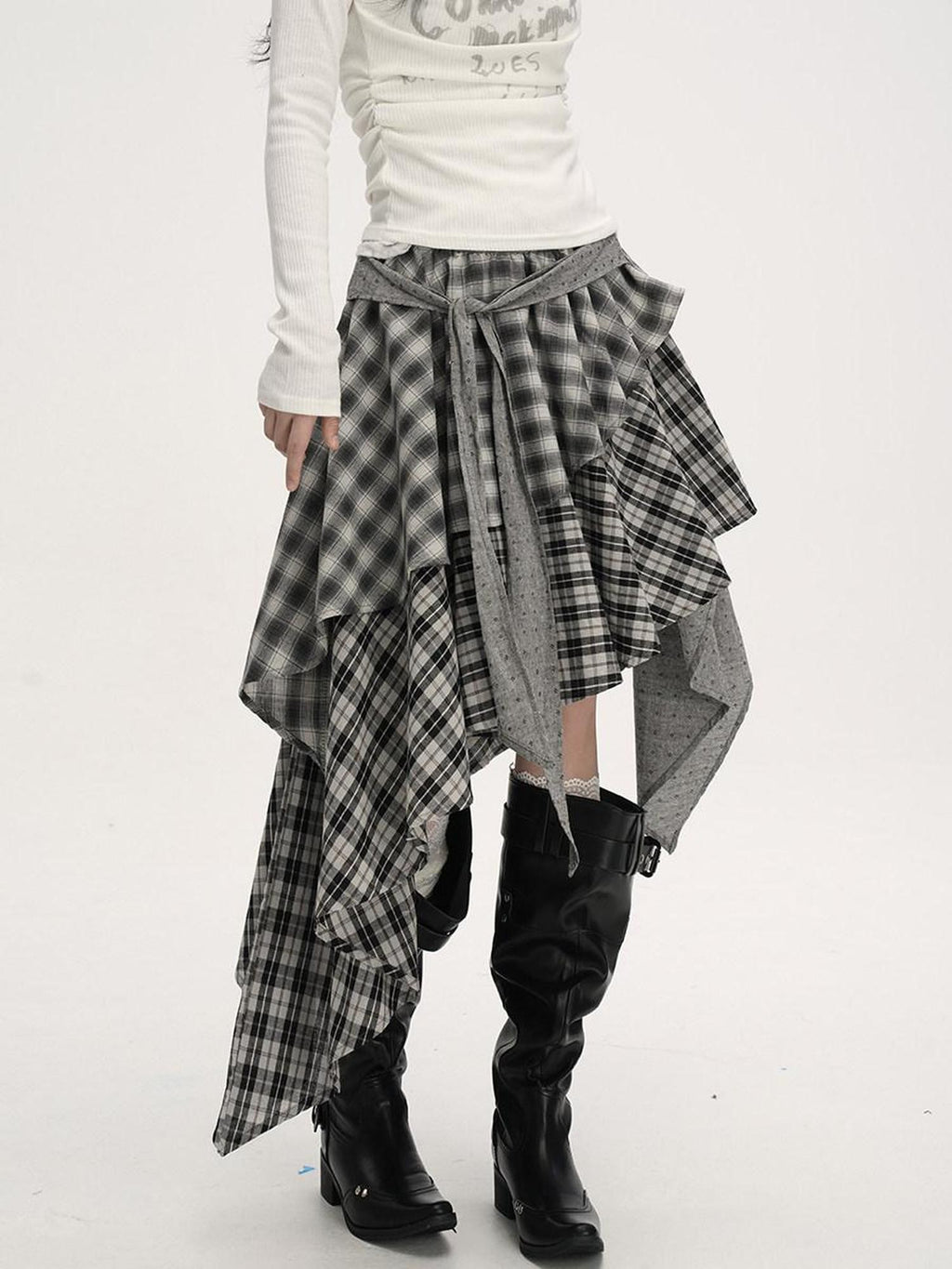 VEEMIX Plaid Asymmetrical Hem High Waist Tie Patchwork Women's Maxi Skirts