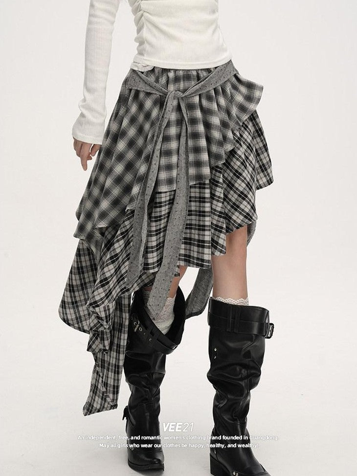 VEEMIX Plaid Asymmetrical Hem High Waist Tie Patchwork Women's Maxi Skirts