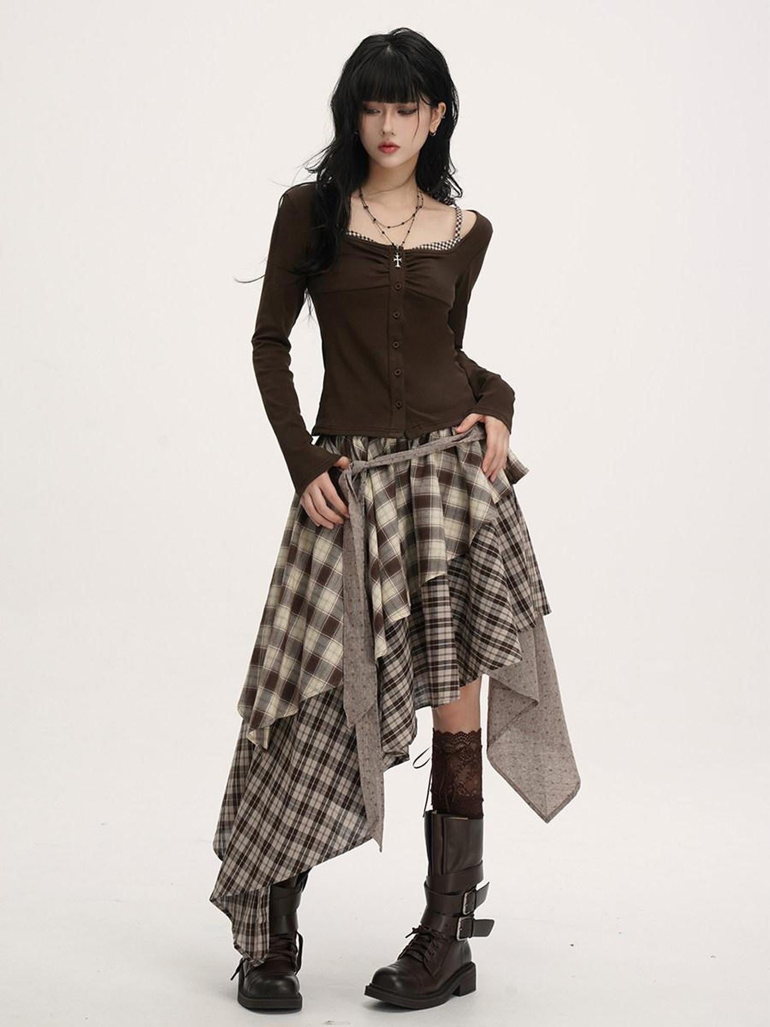 VEEMIX Plaid Asymmetrical Hem High Waist Tie Patchwork Women's Maxi Skirts