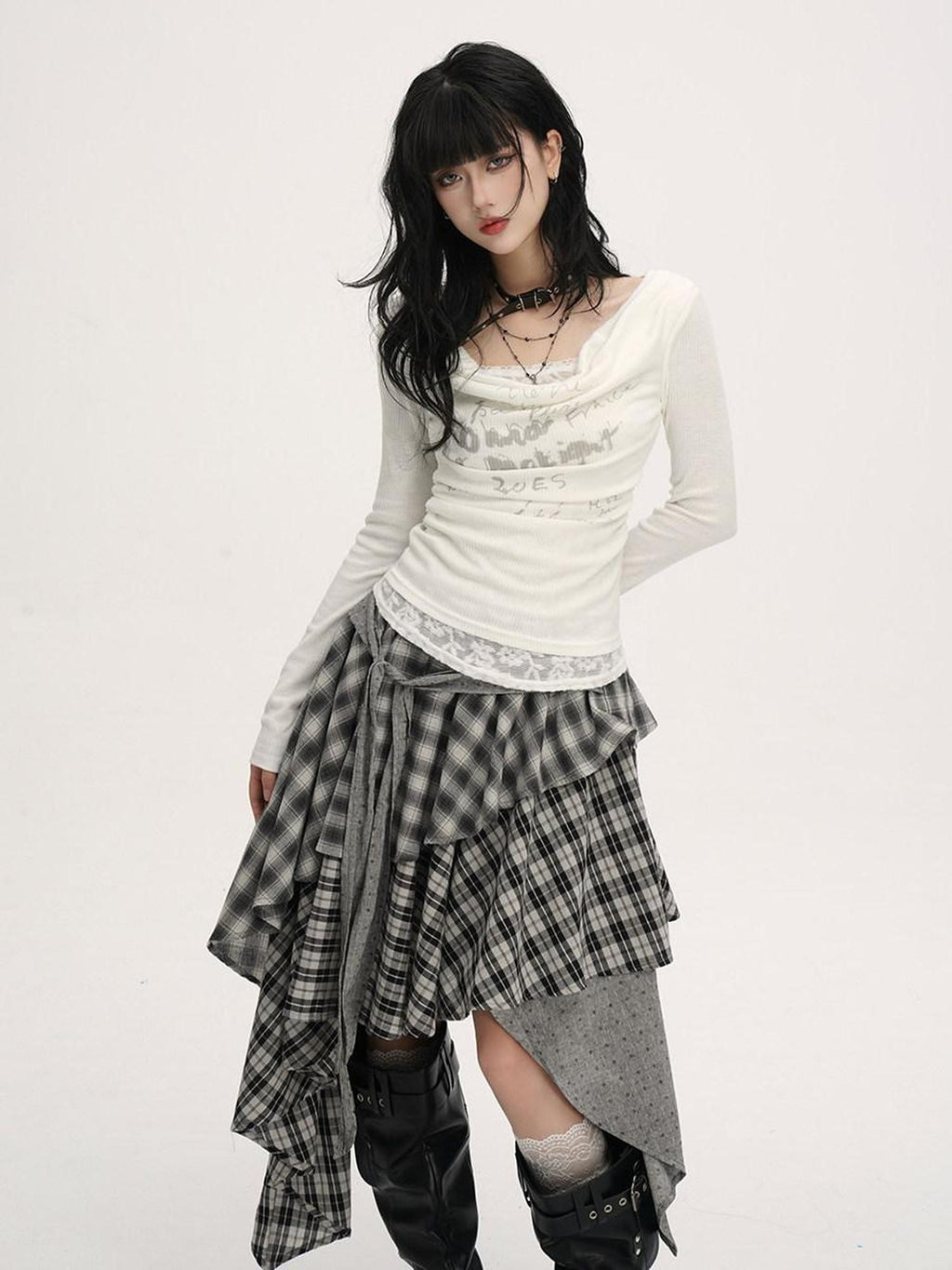 VEEMIX Plaid Asymmetrical Hem High Waist Tie Patchwork Women's Maxi Skirts