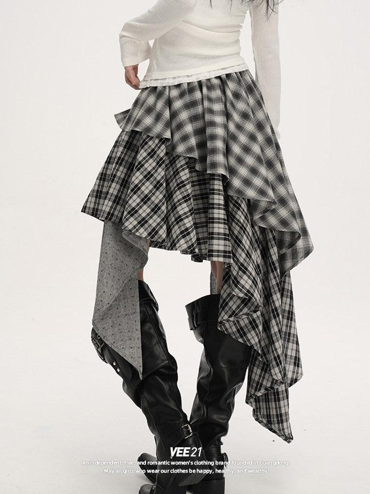 VEEMIX Plaid Asymmetrical Hem High Waist Tie Patchwork Women's Maxi Skirts