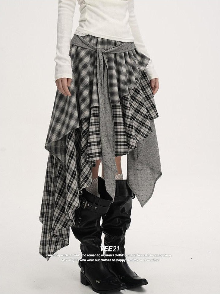 VEEMIX Plaid Asymmetrical Hem High Waist Tie Patchwork Women's Maxi Skirts