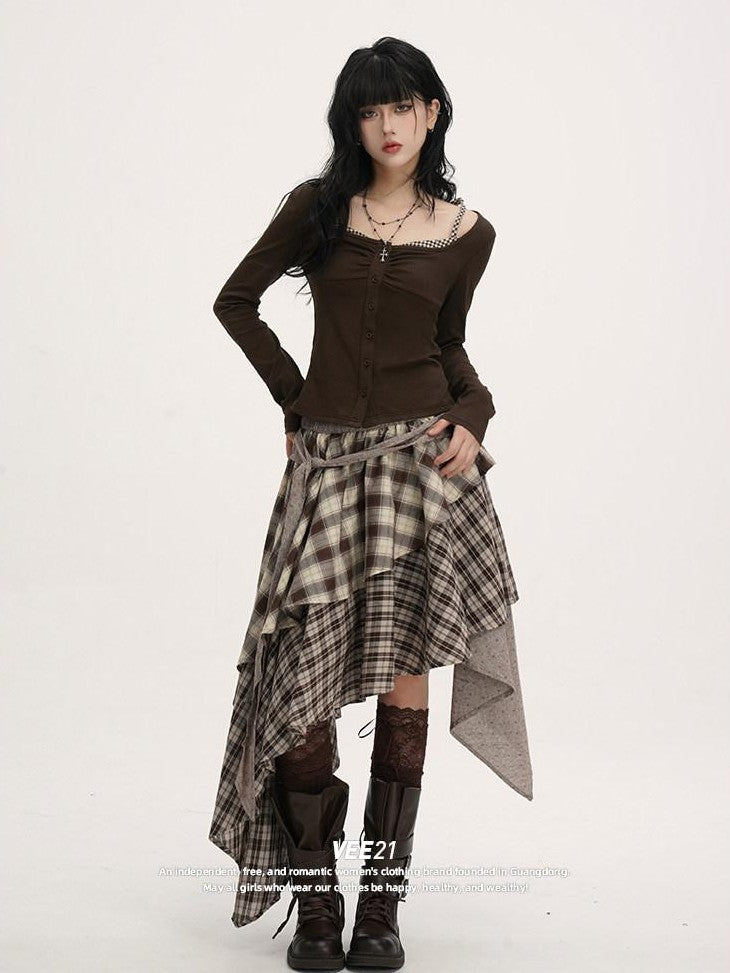 VEEMIX Plaid Asymmetrical Hem High Waist Tie Patchwork Women's Maxi Skirts