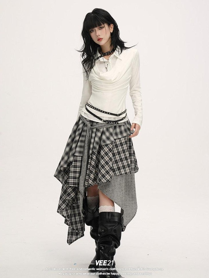 VEEMIX Plaid Asymmetrical Hem High Waist Tie Patchwork Women's Maxi Skirts