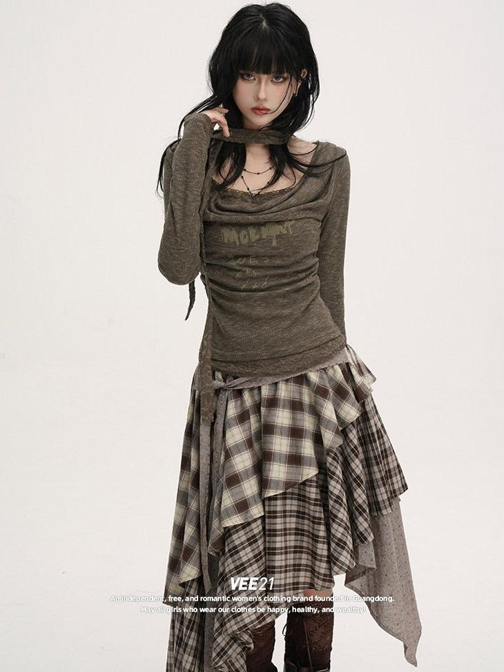 VEEMIX Plaid Asymmetrical Hem High Waist Tie Patchwork Women's Maxi Skirts