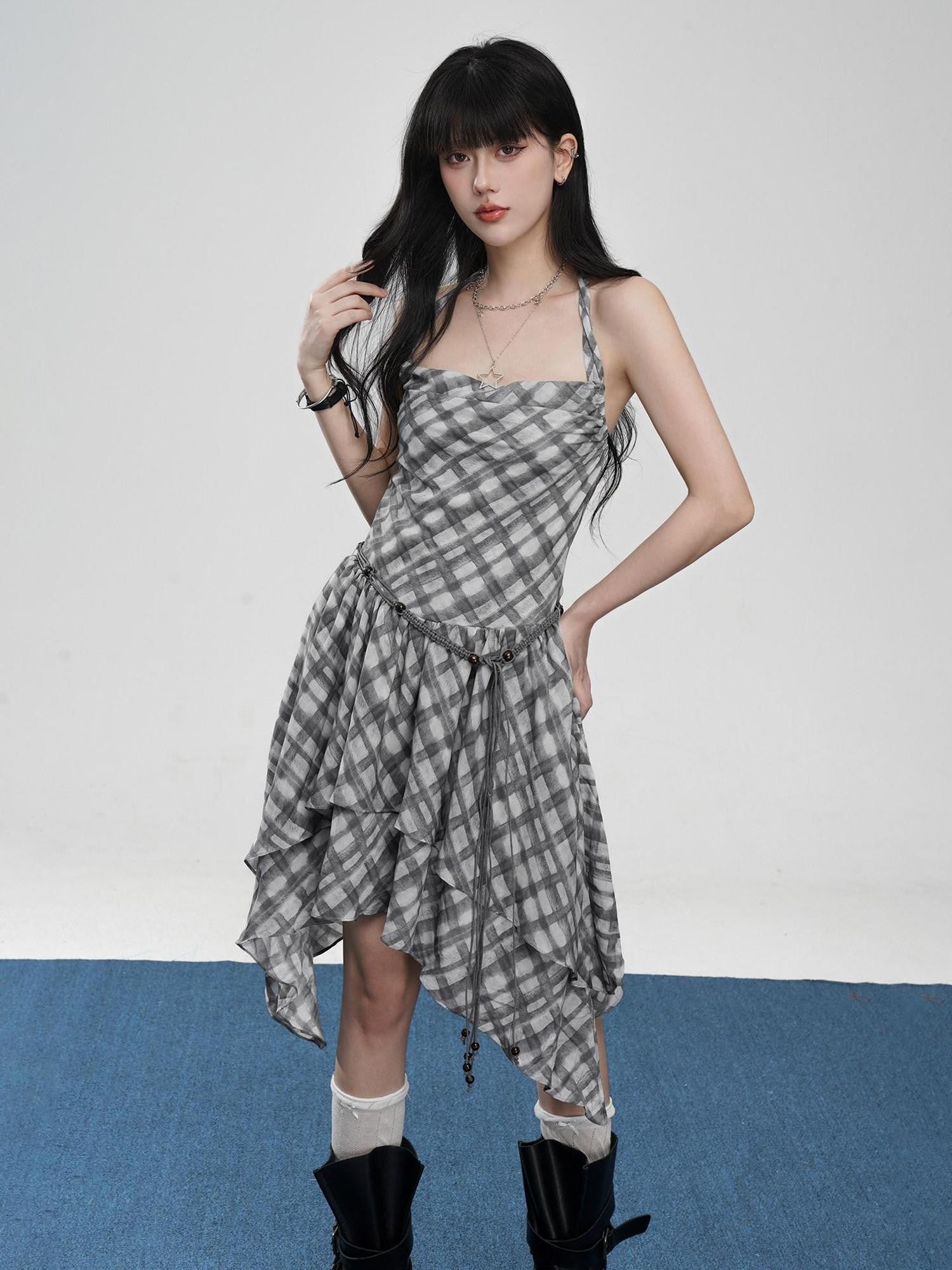 VEEMIX Plaid Backless Asymmetric Pleated Women's Polyester Halter Midi Dresses