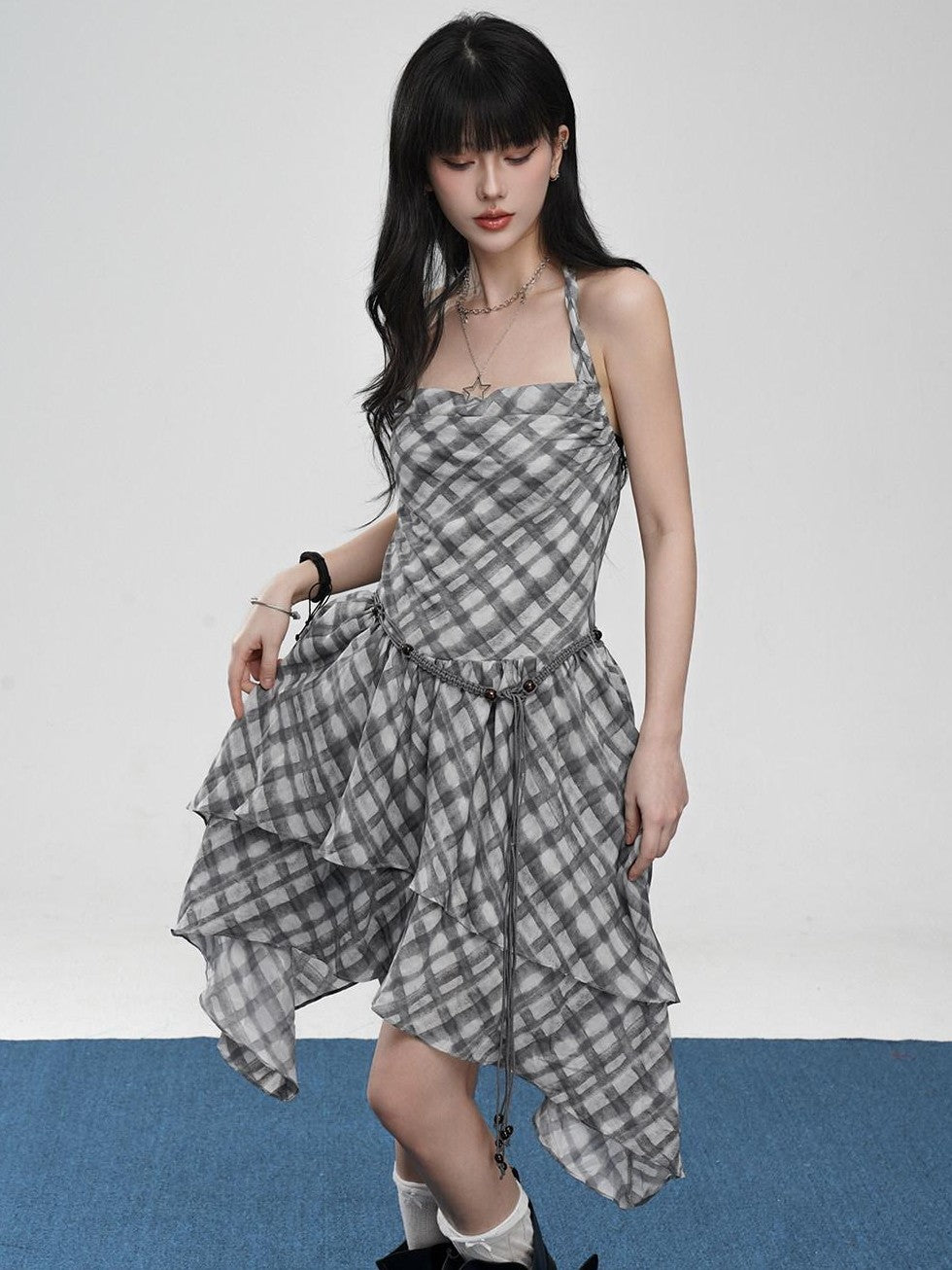 VEEMIX Plaid Backless Asymmetric Pleated Women's Polyester Halter Midi Dresses