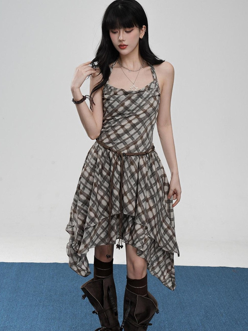 VEEMIX Plaid Backless Asymmetric Pleated Women's Polyester Halter Midi Dresses