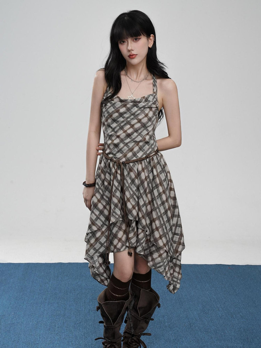 VEEMIX Plaid Backless Asymmetric Pleated Women's Polyester Halter Midi Dresses