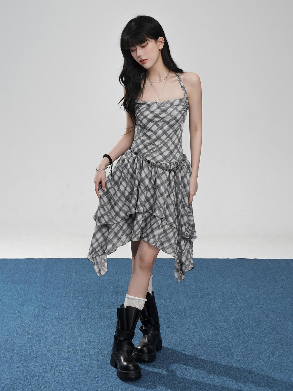 VEEMIX Plaid Backless Asymmetric Pleated Women's Polyester Halter Midi Dresses
