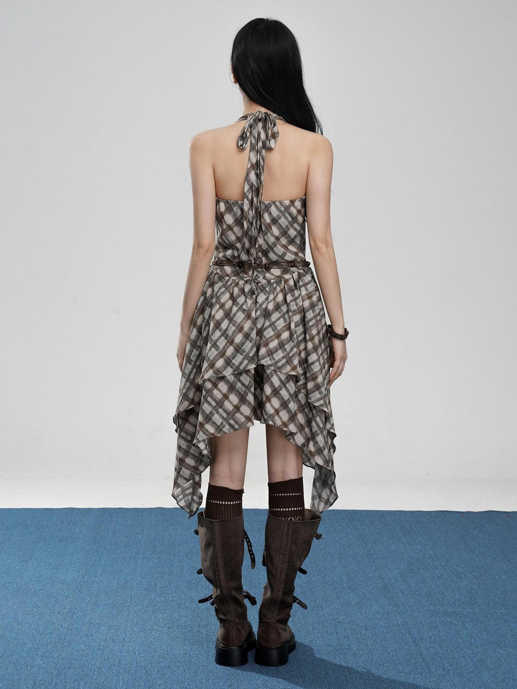 VEEMIX Plaid Backless Asymmetric Pleated Women's Polyester Halter Midi Dresses