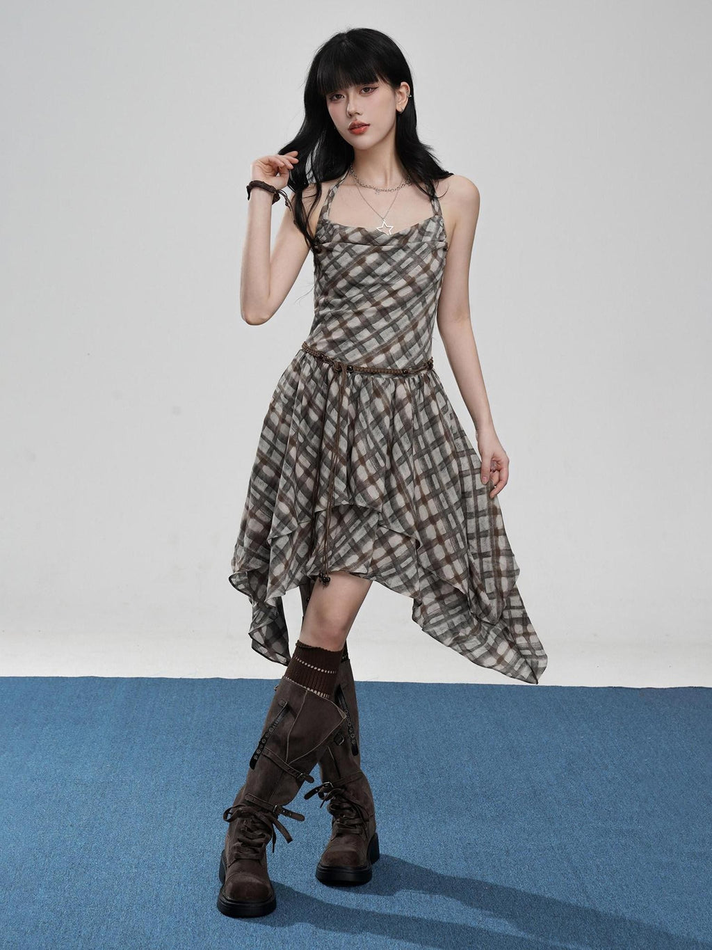 VEEMIX Plaid Backless Asymmetric Pleated Women's Polyester Halter Midi Dresses