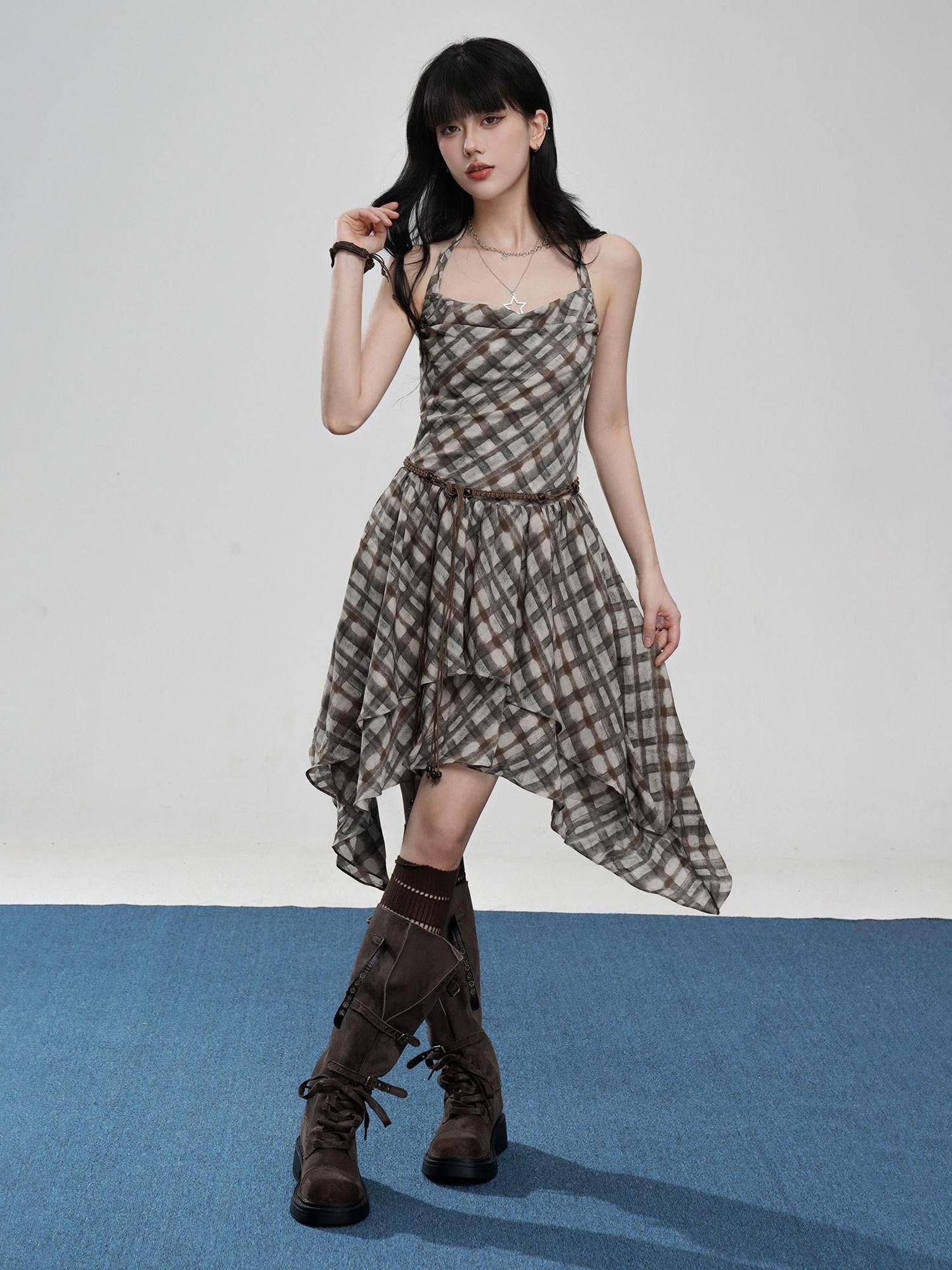 VEEMIX Plaid Backless Asymmetric Pleated Women's Polyester Halter Midi Dresses