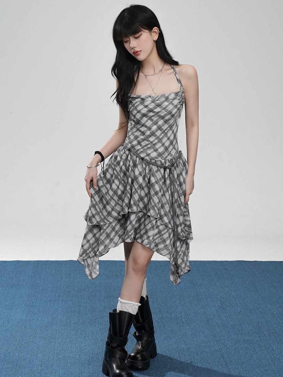 VEEMIX Plaid Backless Asymmetric Pleated Women's Polyester Halter Midi Dresses