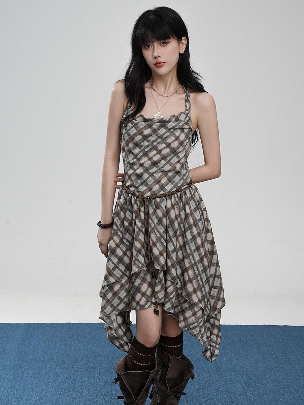 VEEMIX Plaid Backless Asymmetric Pleated Women's Polyester Halter Midi Dresses
