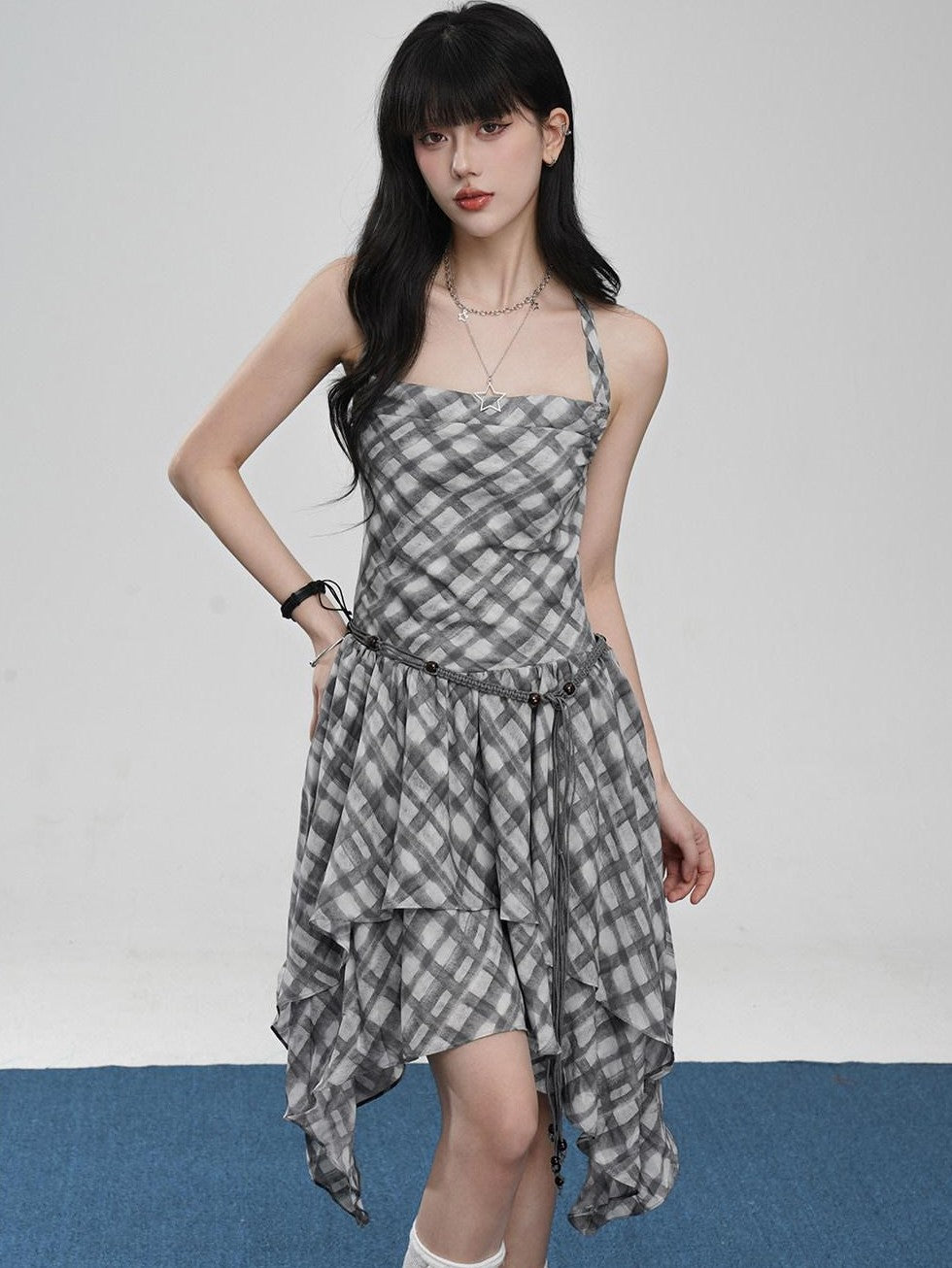 VEEMIX Plaid Backless Asymmetric Pleated Women's Polyester Halter Midi Dresses
