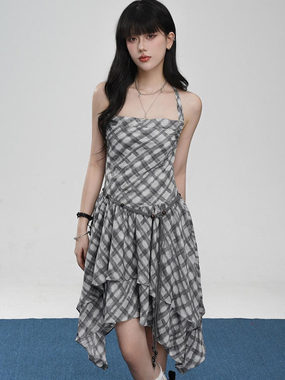VEEMIX Plaid Backless Asymmetric Pleated Women's Polyester Halter Midi Dresses