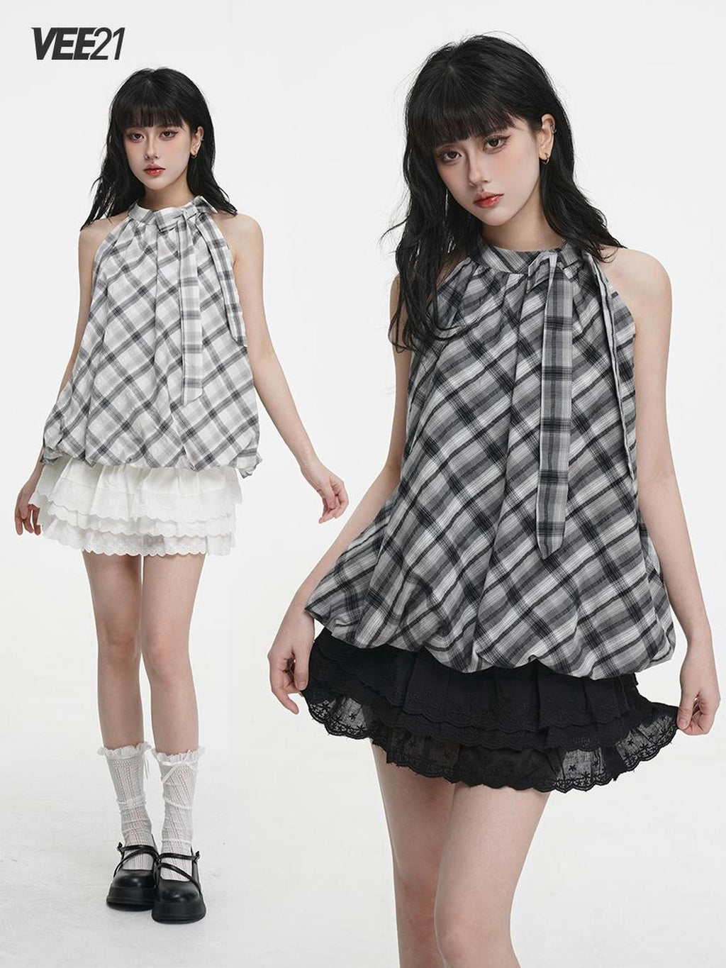 VEEMIX Plaid Bow Halter Off Shoulder Sweet Loose Women's Cotton Tank Tops