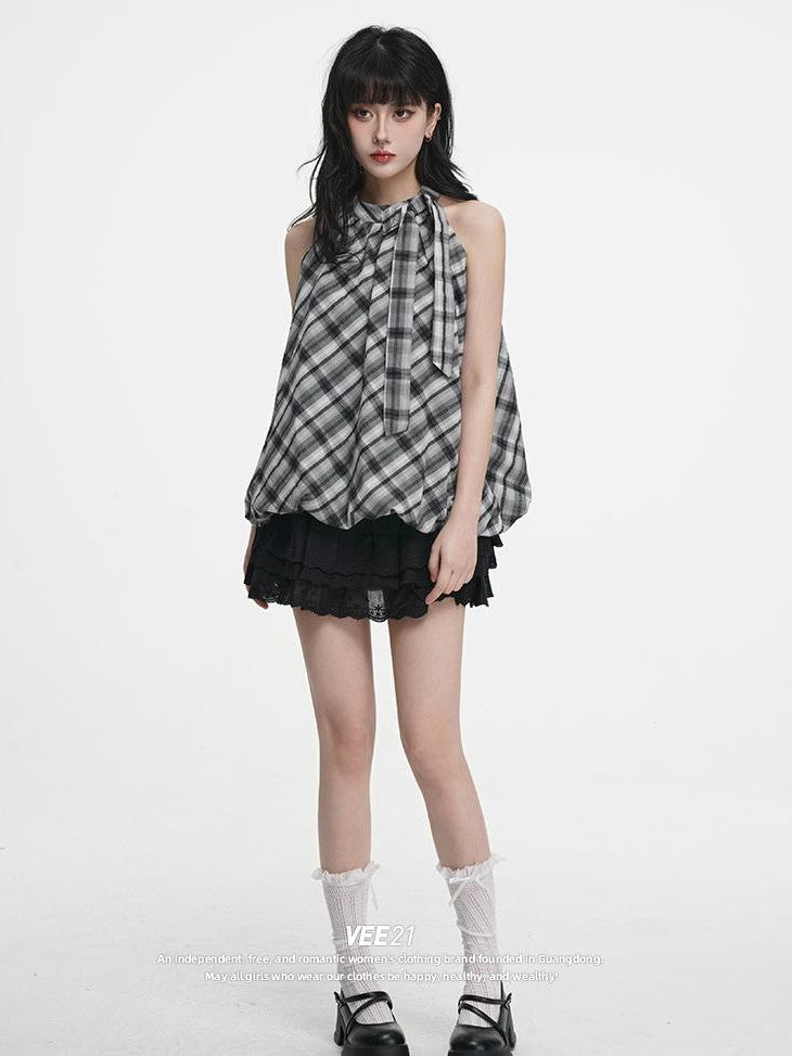 VEEMIX Plaid Bow Halter Off Shoulder Sweet Loose Women's Cotton Tank Tops