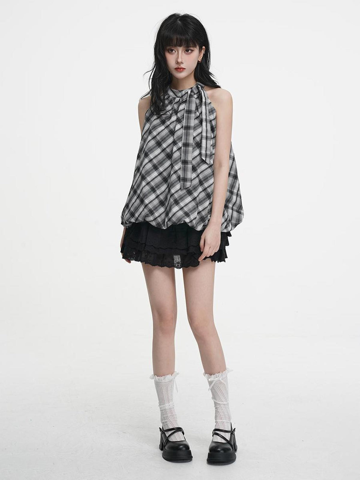 VEEMIX Plaid Bow Halter Off Shoulder Sweet Loose Women's Cotton Tank Tops