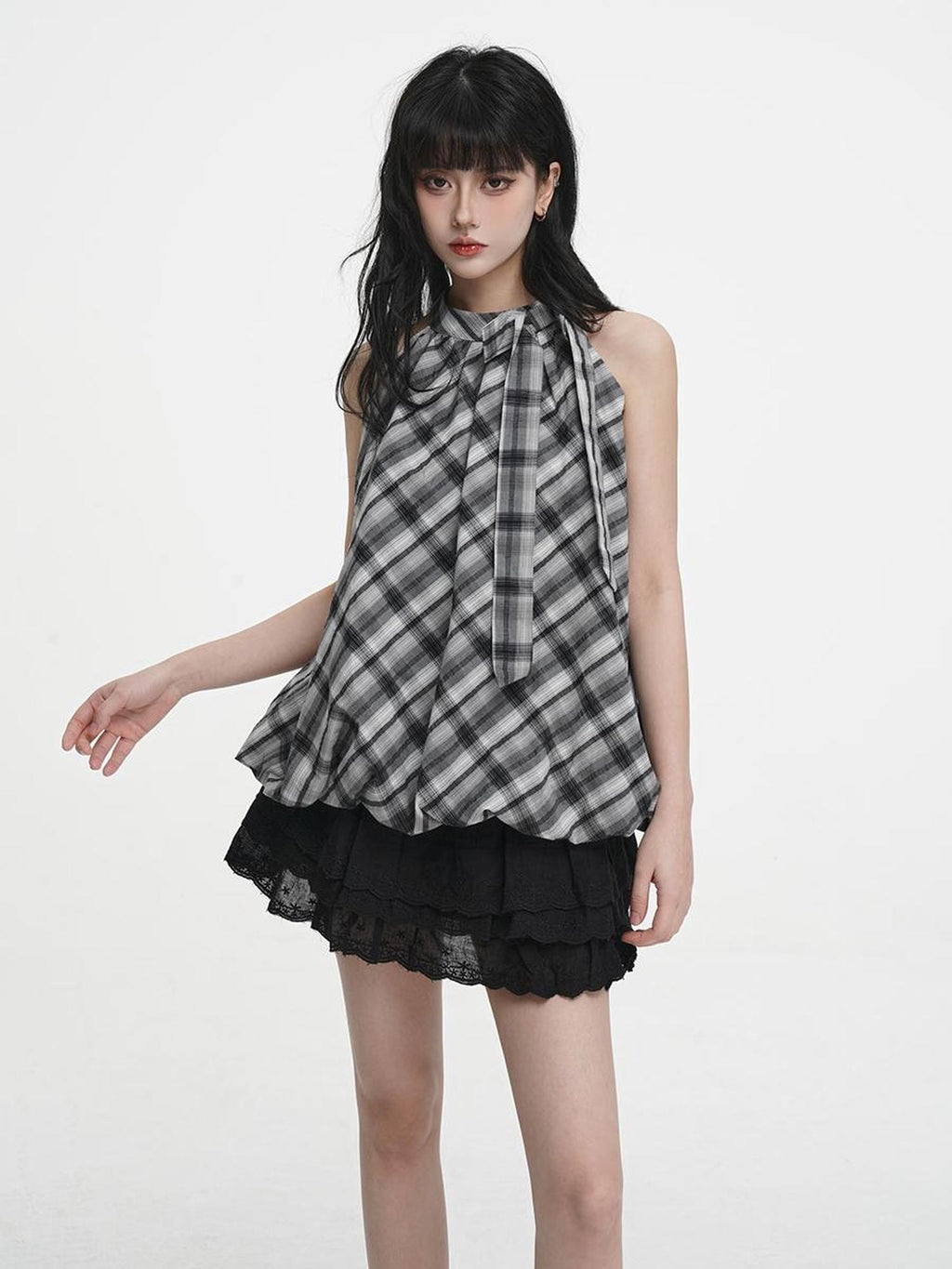 VEEMIX Plaid Bow Halter Off Shoulder Sweet Loose Women's Cotton Tank Tops