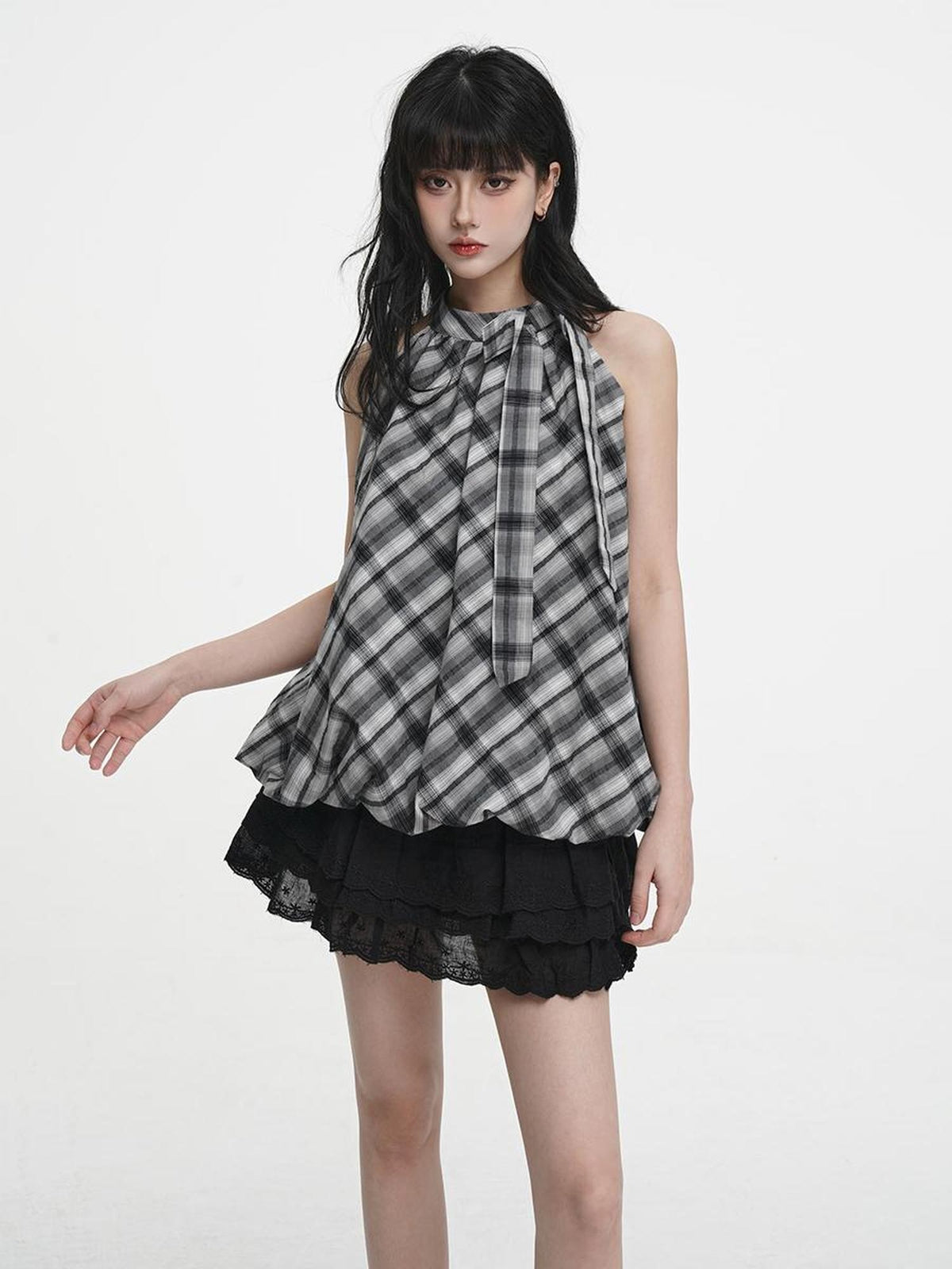 VEEMIX Plaid Bow Halter Off Shoulder Sweet Loose Women's Cotton Tank Tops
