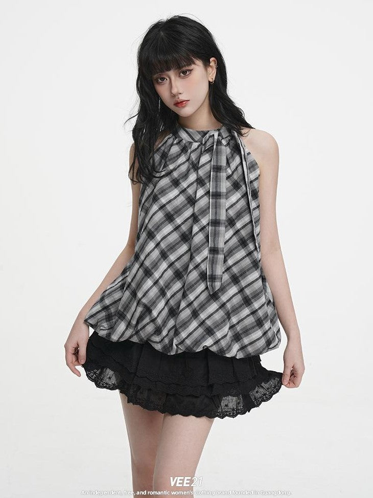 VEEMIX Plaid Bow Halter Off Shoulder Sweet Loose Women's Cotton Tank Tops