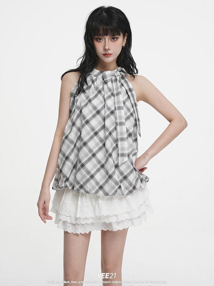 VEEMIX Plaid Bow Halter Off Shoulder Sweet Loose Women's Cotton Tank Tops