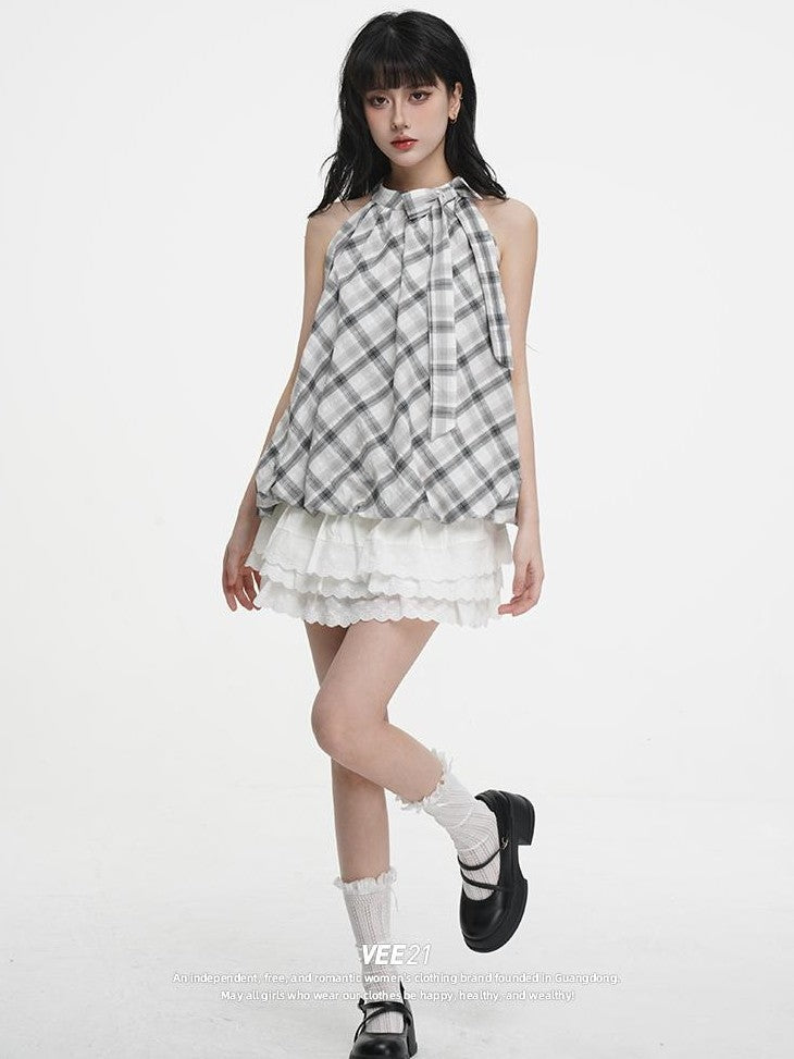 VEEMIX Plaid Bow Halter Off Shoulder Sweet Loose Women's Cotton Tank Tops