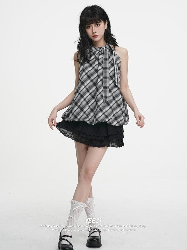 VEEMIX Plaid Bow Halter Off Shoulder Sweet Loose Women's Cotton Tank Tops
